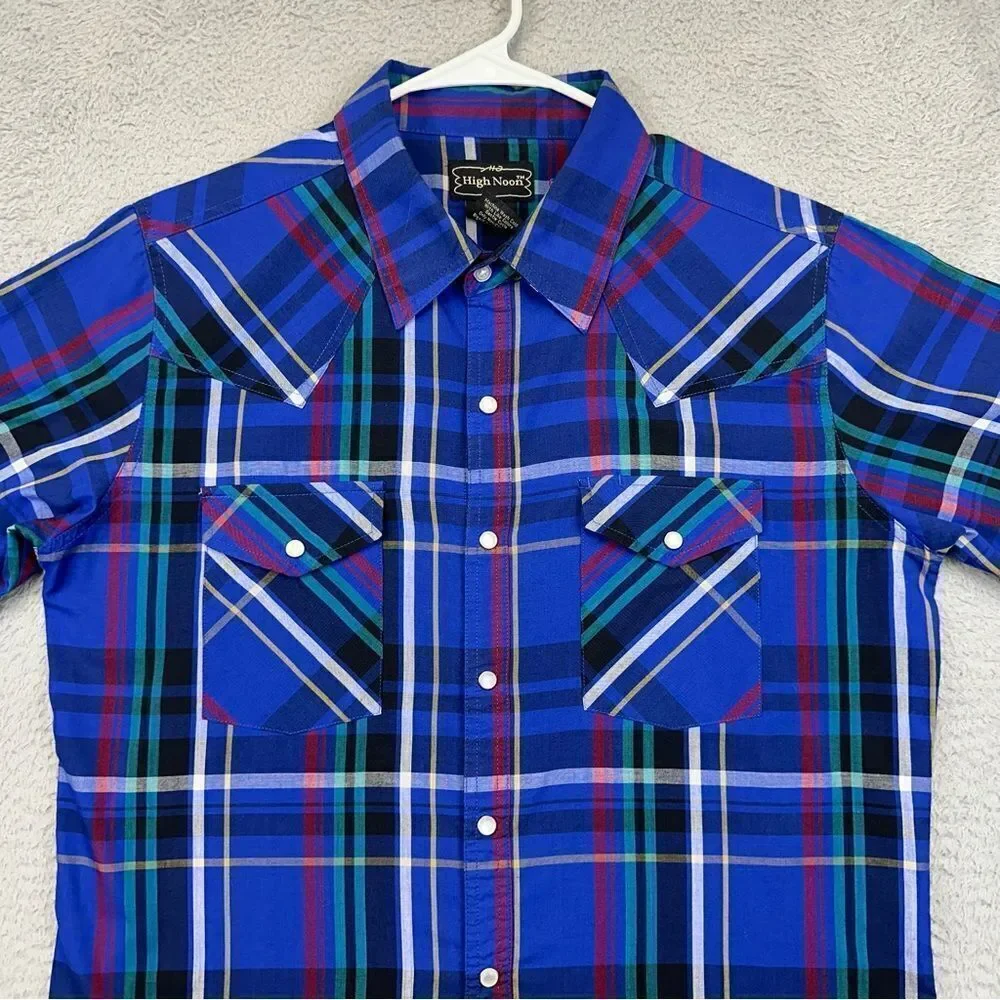 High Noon Pearl Snap Shirt‎ Mens Medium Blue Plaid Western Cowboy Farmer Ranch